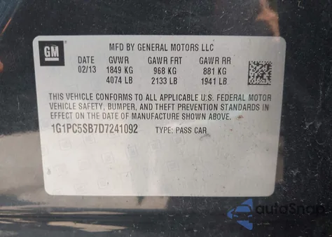 2013 Chevrolet Cruze 1Lt Auto z USA, uszkodzony, nr VIN 1G1PC5SB7D7241092